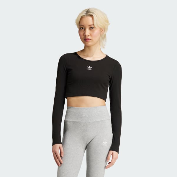 Czerń Koszulka Essentials Ribbed Crop Long Sleeve
