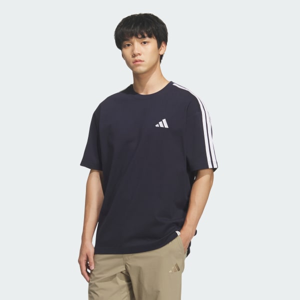 ブルー エッセンシャルズ プラス ルーズフィット スリーストライプス シングルジャージー半袖Tシャツ