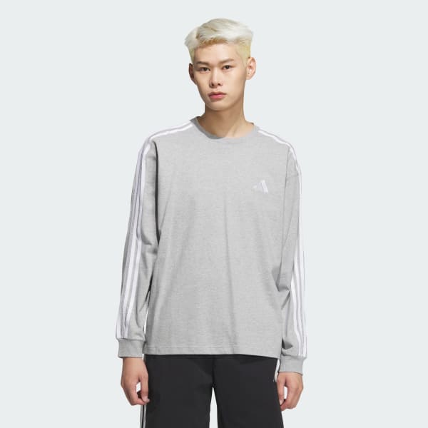 グレー 長袖 タイトフィット Tシャツ アディダス エッセンシャルズ プラス ルーズフィット スリーストライプ