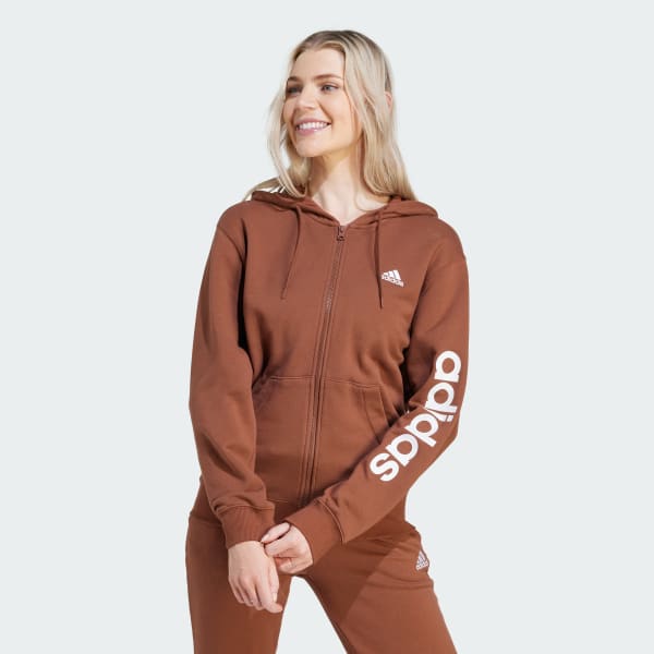 adidas Essentials Linear French Terry Hoodie - Brown Women's Training adidas