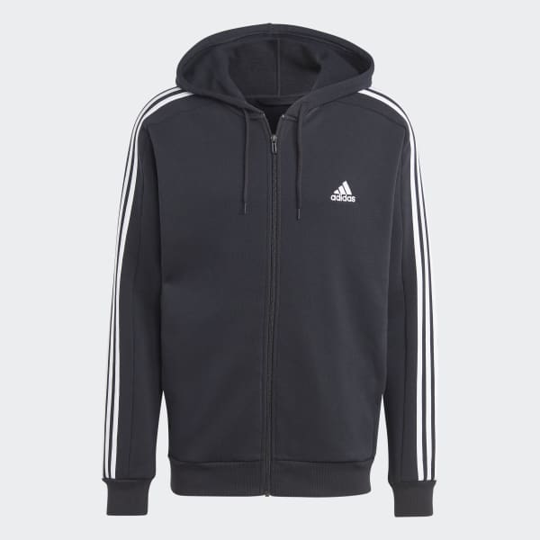 Svart Essentials Fleece 3-Stripes Full-Zip Hettegenser