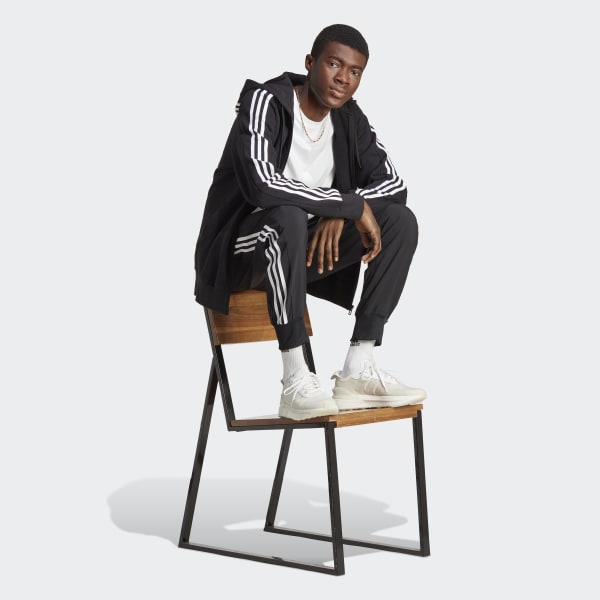 Negro Sudadera con Gorro Essentials 3 Franjas Tela French Terry
