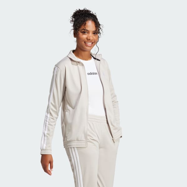 Beige Chamarra Deportiva 3 Franjas Tricot