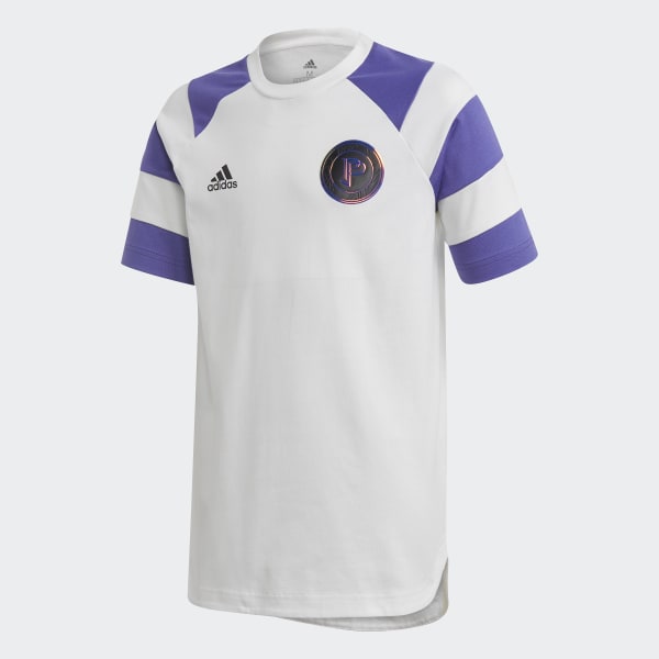 purple and white adidas shirt