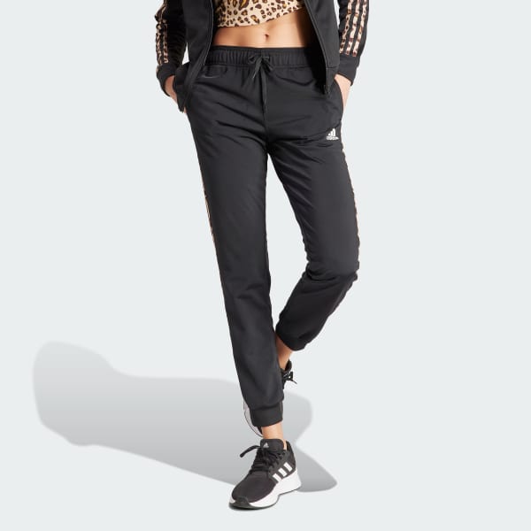 adidas Essentials Animal Print Tricot 3-Stripes Slim Tapered Track Pants -  Black, Women's Lifestyle