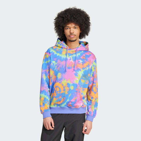 adidas Tie-Dyed Allover Print Hooded Sweatshirt - Blue | Free