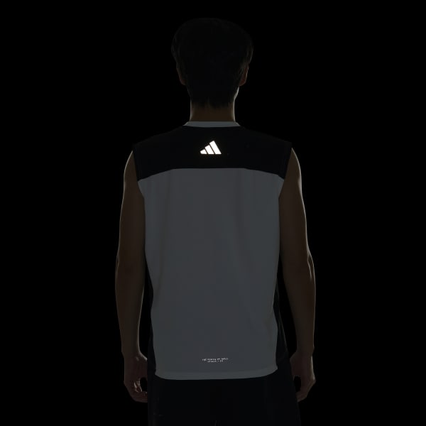 ホワイト Adptn レギュラーフィット ホリゾンタル ストライプス テクスチャード ダブルニット ノースリーブTシャツ