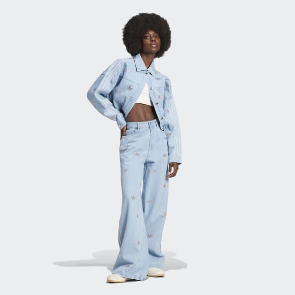 adidas ワイドパンツ JN3020 2XL ブルー アディダス デニム ラインストーン パンツ - ブルー