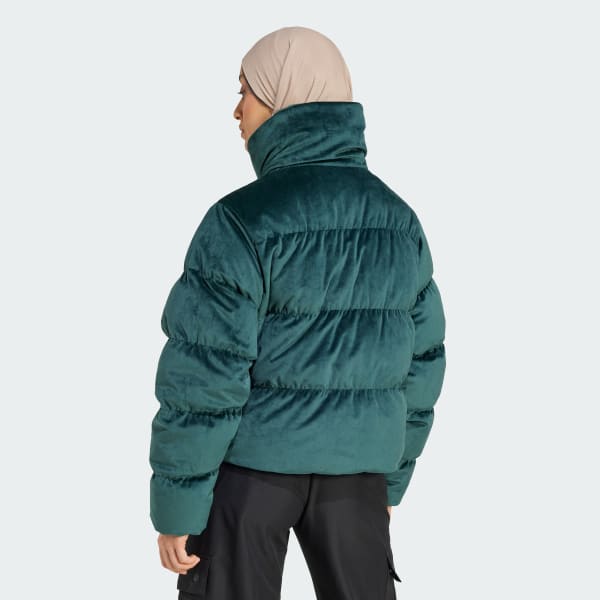 Green velvet puffer coat on sale