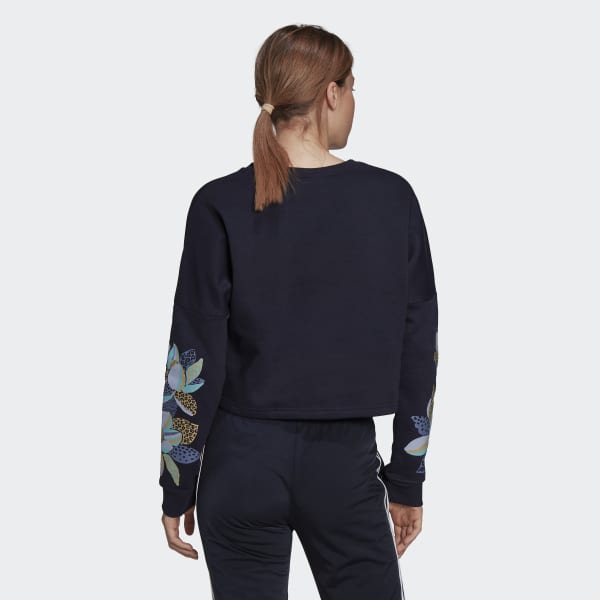 Blue adidas x FARM Rio Print Loose Cropped Fleece Logo Sweatshirt MMB06