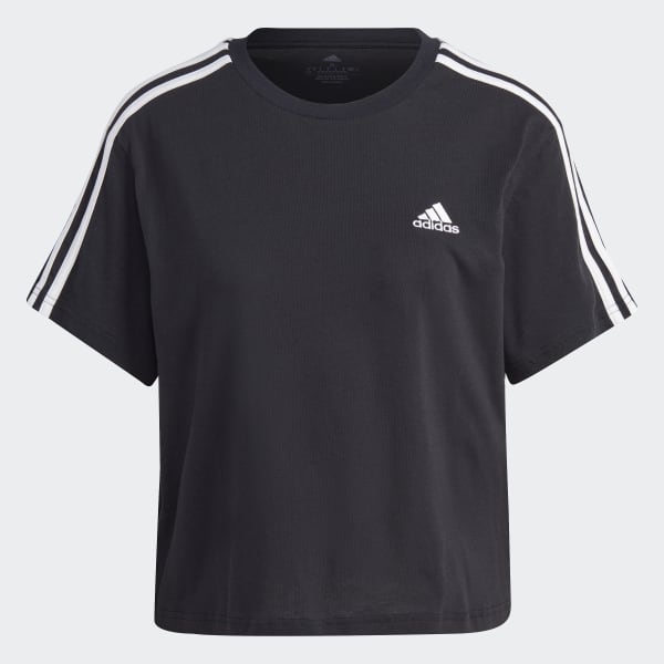 สีดำ เสื้อครอปผ้าซิงเกิลเจอร์ซีย์ Essentials 3-Stripes