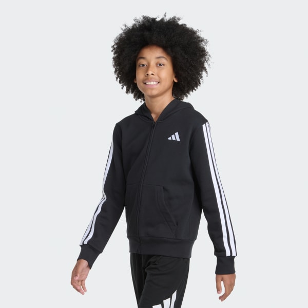 Black Full-Zip Hooded Essential 3-Stripe Fleece Jacket

