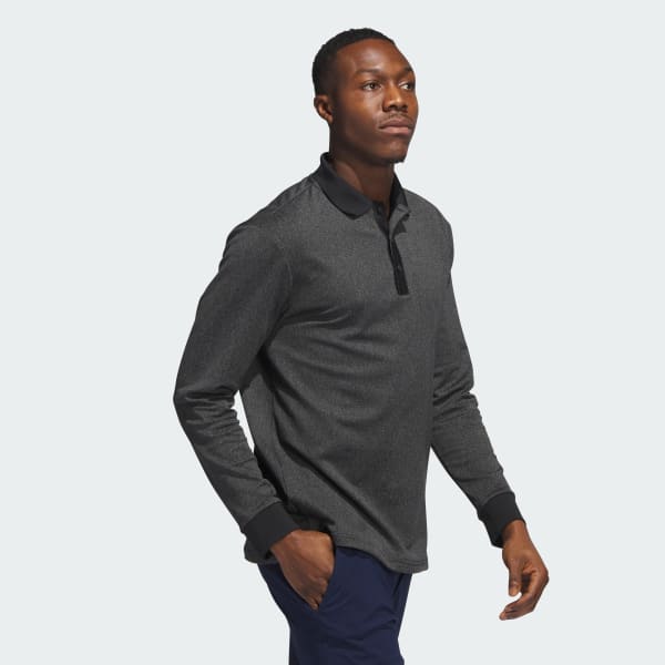 Black Essentials Heathered Long Sleeve Polo Shirt