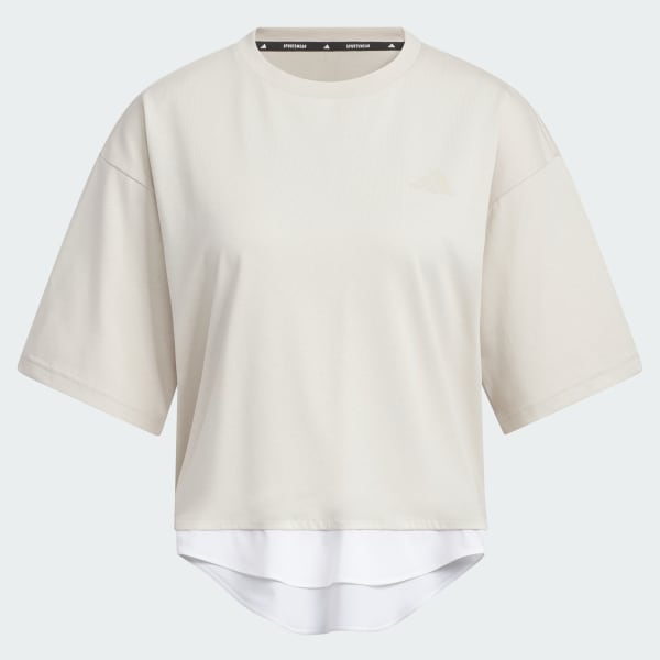 ベージュ レイヤード ルーズフィット半袖コットンTシャツ