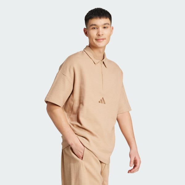 สีน้ำตาล เสื้อโปโลผ้าถักลายวาฟเฟิลซิปครึ่งตัว All SZN