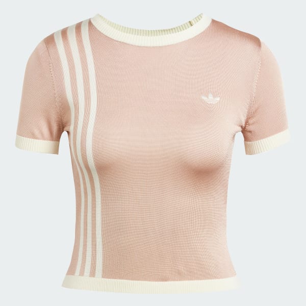 Bej Knitted 3-Stripes Kısa Tişört