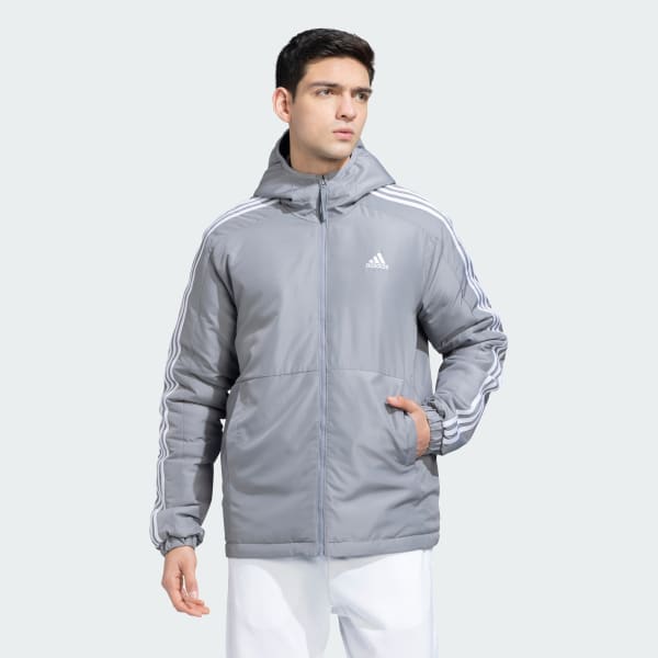 adidas Essentials 3-Stripes Insulated Hooded Jacket - Grey