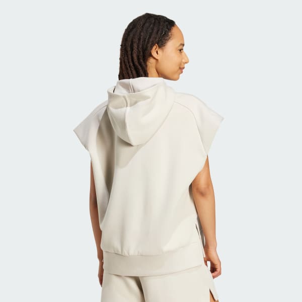 Beige Felpa Soft Lux Loose senza maniche con cappuccio