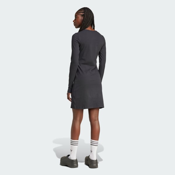 Schwarz Essentials Rib Long Sleeve Kleid