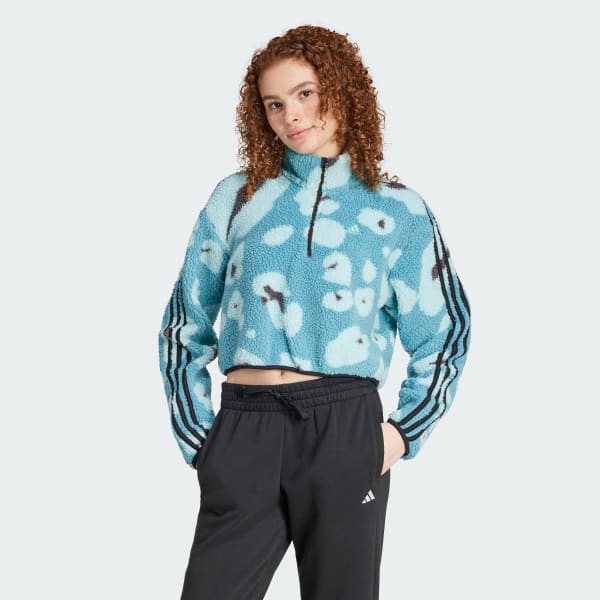 Adidas Women s Essentials 3 Stripes Animal Print High Pile Cropped 1 4 Zip Top Light Blue Size Large Fleece Polyester Elastic