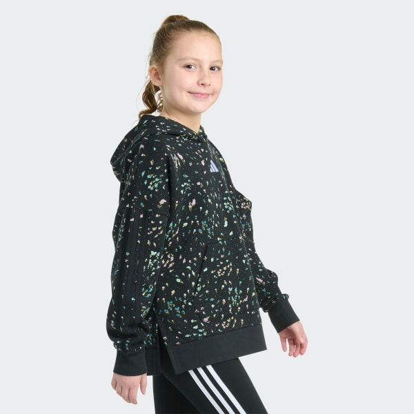 Black Long Sleeve Hooded Printed Slit Fleece Pullover
