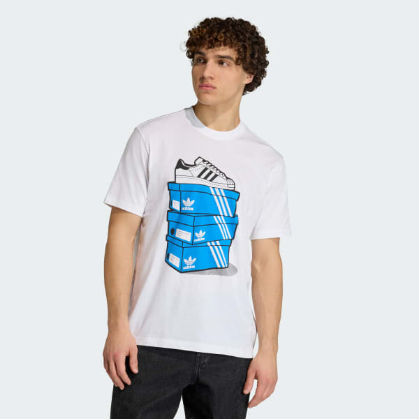 White LOOSE GRAPHIC BLUE BOXES 5 T-Shirt