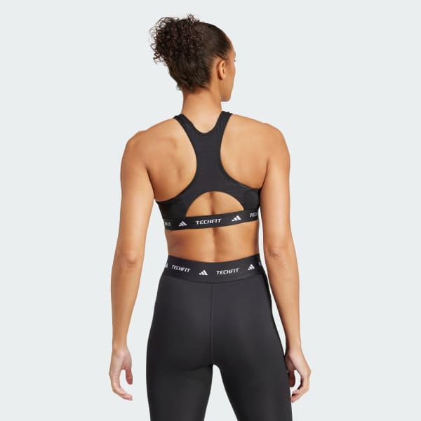 Black TECHFIT 미디엄 서포트 하이넥 브라