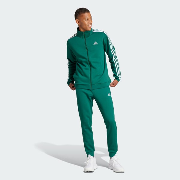 adidas Basic 3 Stripes Fleece Tracksuit Green adidas UK