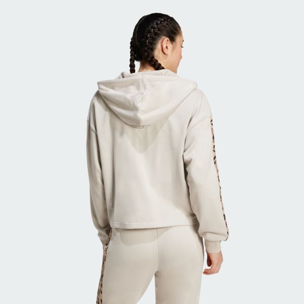 Beige Polerón de Felpa Francesa con Cierre Frontal y las 3 Tiras en Estampado Animal Print