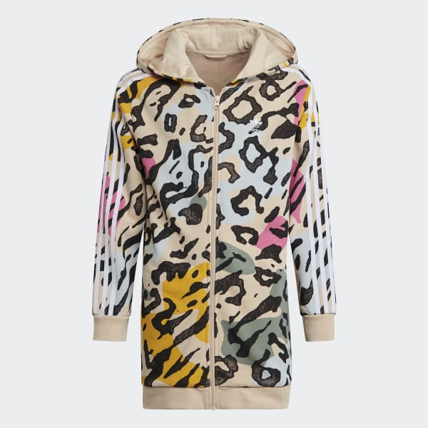 Beige Animal Print Elongated Zip hættetrøje
