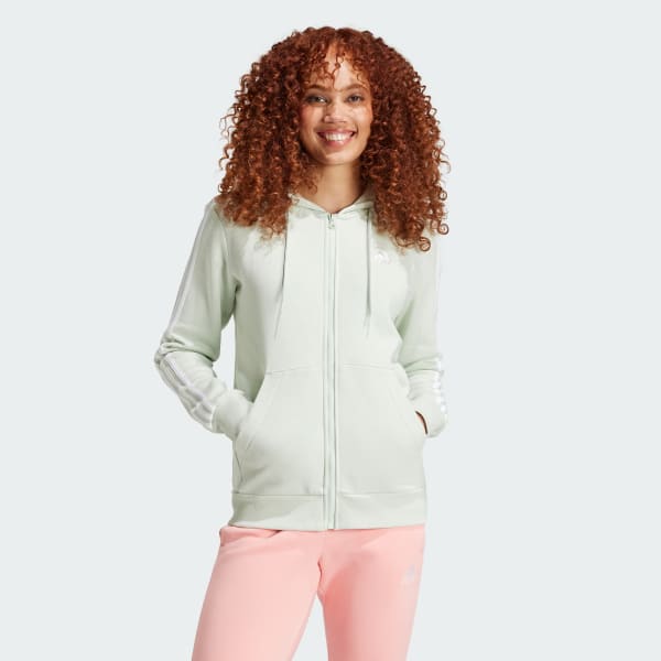 Women s Adidas Essentials 3 Stripes Full Zip Fleece Hoodie Size Large Pastel Green
