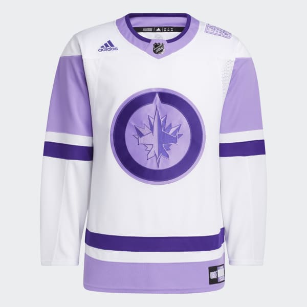 Men's Adidas White/Purple Winnipeg Jets Hockey Fights Cancer Primegreen Authentic Blank Practice Jersey