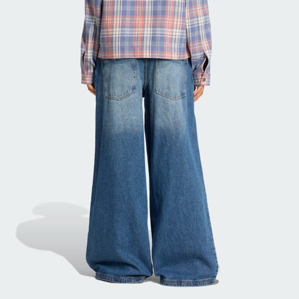 ブルー アディダス オリジナルス ルーズデニムディストレストパンツ