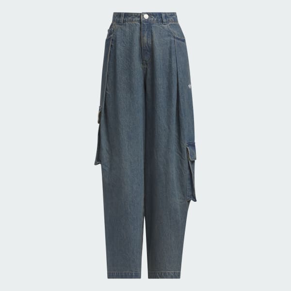 สีน้ำเงิน กางเกงคาร์โก้ผ้าเดนิมเนื้อนุ่ม