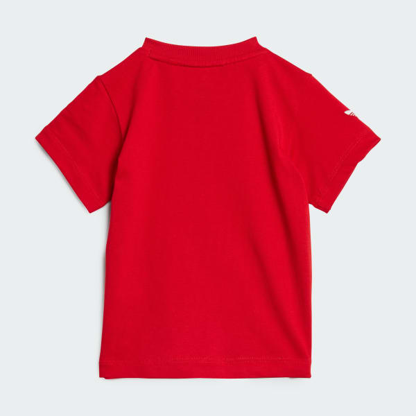 สีแดง ชุดเสื้อยืดและกางเกงขาสั้นสำหรับเด็ก