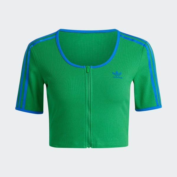 Green adidas Originals Rib Short Sleeve Full-Zip Top
