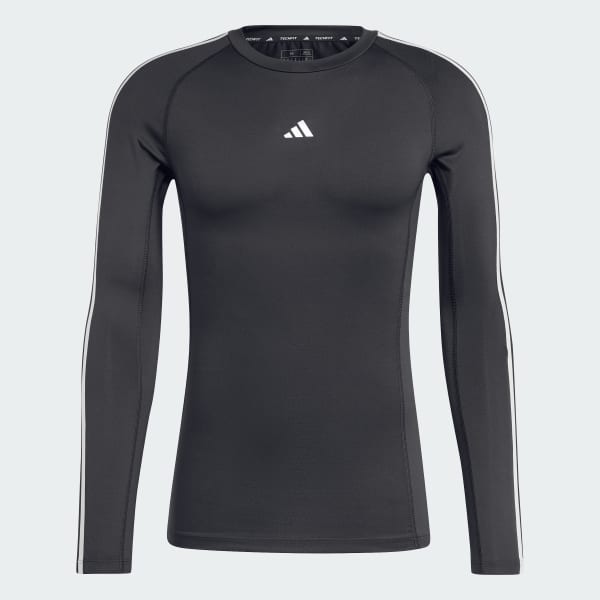 สีดำ เสื้อยืดเทรนนิงแขนยาวรัดกล้ามเนื้อ Techfit 3-Stripes