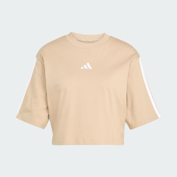 สีน้ำตาล เสื้อยืดผ้าฝ้ายทรงหลวม Essentials แต่งแถบ 3-Stripes