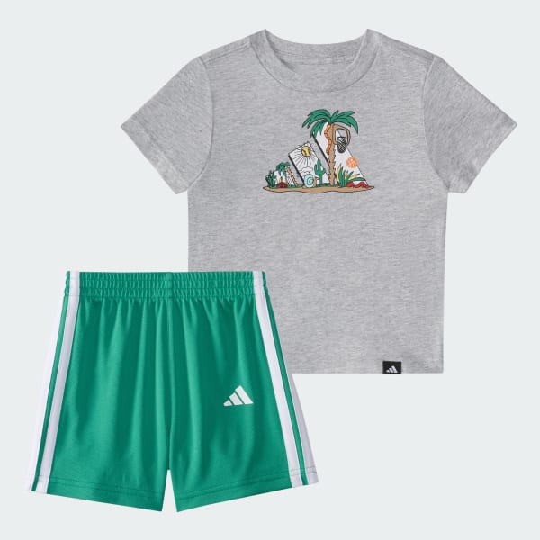 Two-Piece Short Sleeve Graphic Cotton Heather Tee and 3-Stripes Shorts Set