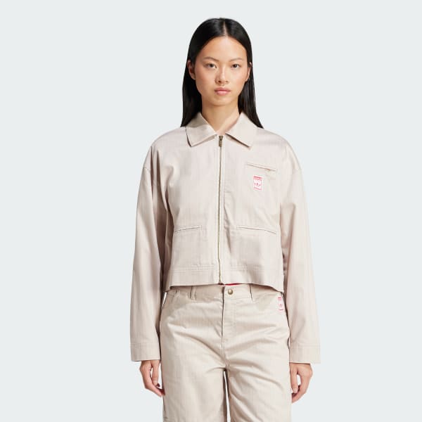 Beige Chaqueta Cropped con Cierre y Estampado Integral