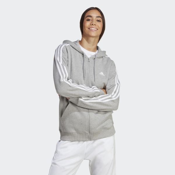 Szary Essentials 3-Stripes French Terry Regular Full-Zip Hoodie