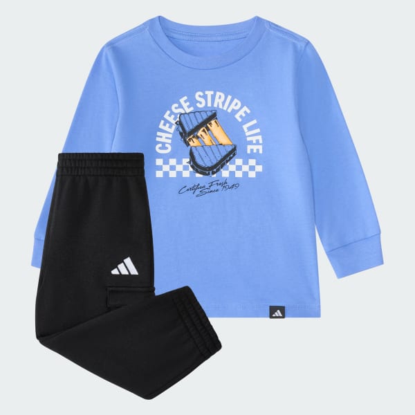 Blue 2-Piece Long Sleeve Graphic Cotton Tee & Elastic Waistband Cargo Jogger Set
