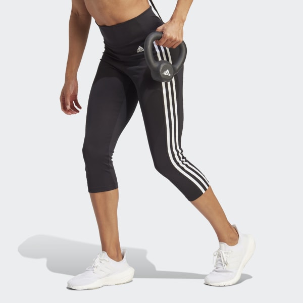 adidas Ladies' 3-Stripe High Rise Waistband 3/4 Capri Legging Tight Pants  (Shadow Navy/Legink, Large)