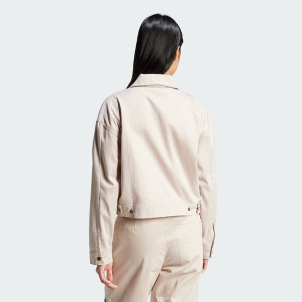 Beige Chaqueta Cropped con Cierre y Estampado Integral
