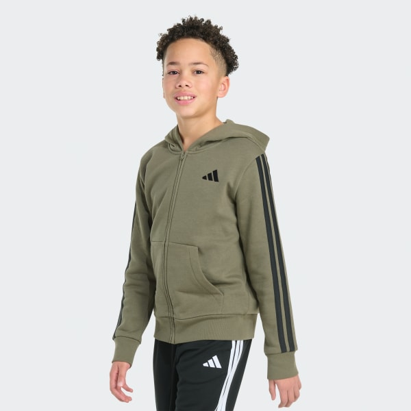 Green Full-Zip Hooded Essential 3-Stripe Fleece Jacket

