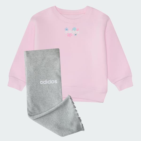 Pink 2-Piece Long Sleeve Crewneck Fleece Pullover & Ribbed Flare Pant Set
