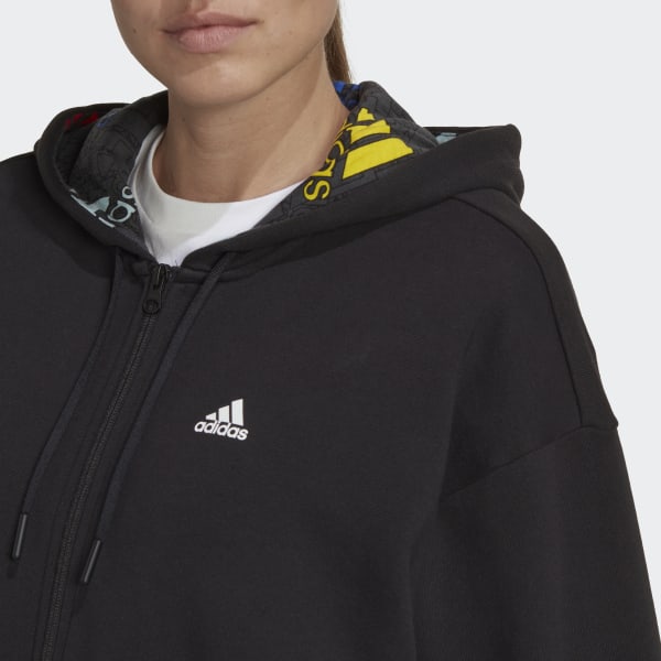 Negro Polera con Capucha y Cierre Frontal de Corte Holgado Essentials Logo Multicolor SX119