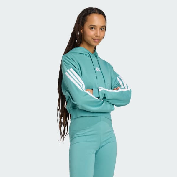 Turquesa Sudadera Corta con Gorro Essentials 3 Franjas Felpa Francesa