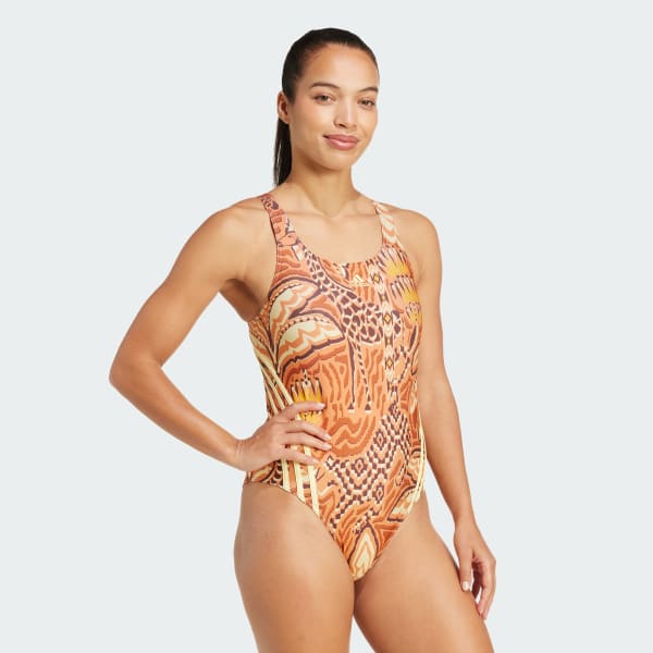 Brown adidas x FARM Rio 3-Stripes Swimsuit