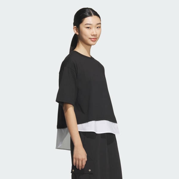 ブラック レイヤード ルーズフィット半袖コットンTシャツ